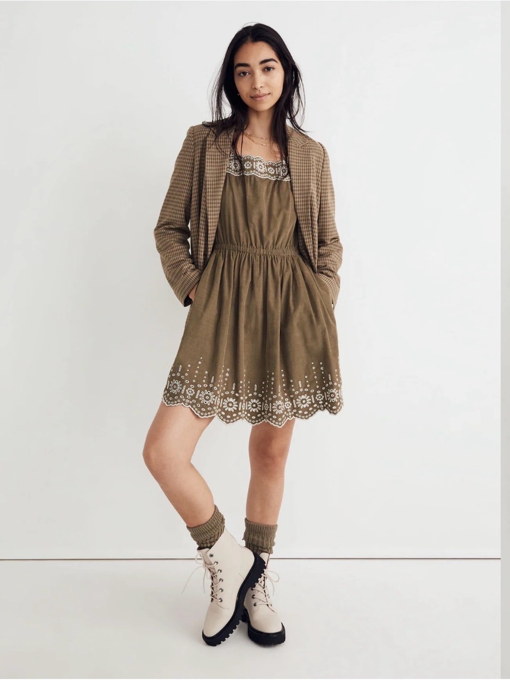 Madewell NWT Olive Micro Corduroy Embroidered Mini Dress Large Boho Pockets